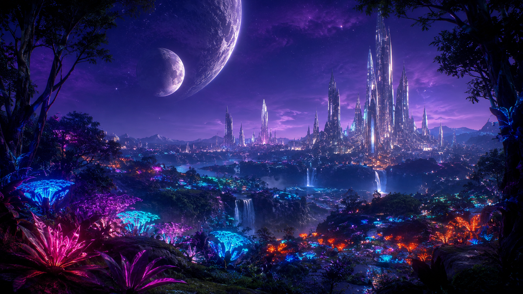 An alien world with bioluminescent forests and crystalline cities beneath a purple sky