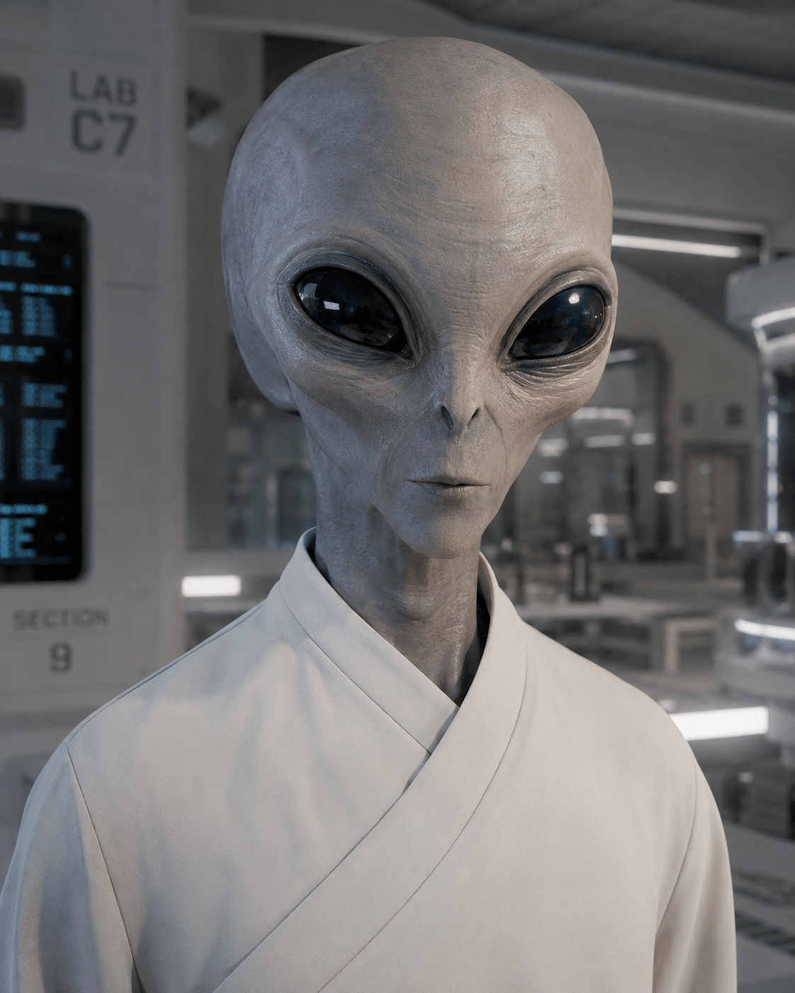 A thoughtful alien being in a research facility