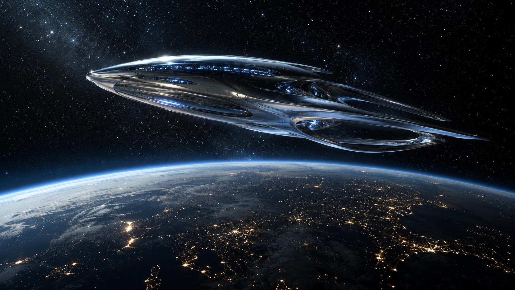 An alien spacecraft in orbit above Earth